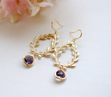 Load image into Gallery viewer, Laurel Wreath Earrings, Amethyst Purple Earrings, Purple Dangle Earrings, Gold Chandelier Earrings, Purple Wedding Bridesmaid Earrings
