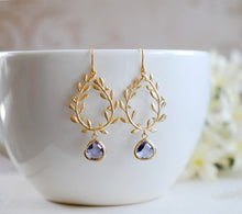 Load image into Gallery viewer, Laurel Wreath Earrings, Amethyst Purple Earrings, Purple Dangle Earrings, Gold Chandelier Earrings, Purple Wedding Bridesmaid Earrings
