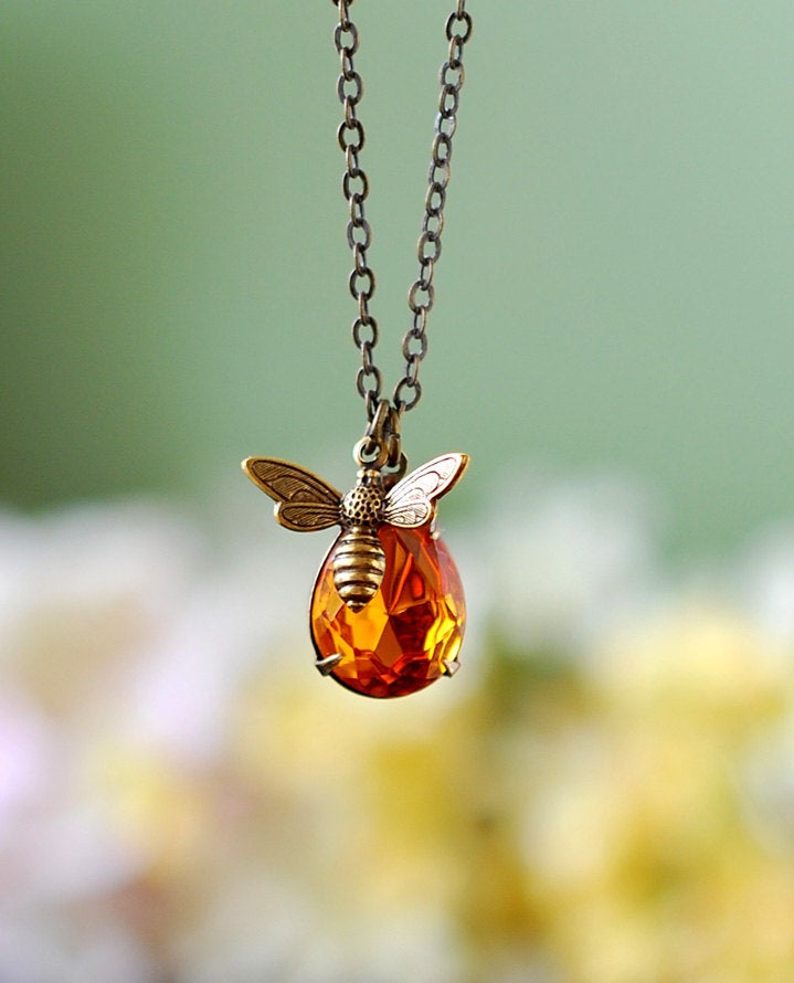 Bee Necklace With Topaz Honey Drop, Bee Jewelry, Honey Bee Humble Bee Necklace, Bee Charm Necklace, Gift for Women for Bee lover Bee Kepper