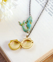 Load image into Gallery viewer, Mermaid Necklace Verdigris Patina Blue Mermaid Gold Brass Seashell Locket Pendant Necklace Mermaid Jewelry Valentines day gift for her
