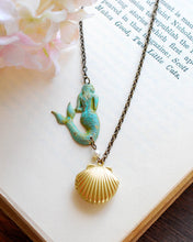 Load image into Gallery viewer, Mermaid Necklace Verdigris Patina Blue Mermaid Gold Brass Seashell Locket Pendant Necklace Mermaid Jewelry Valentines day gift for her
