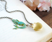 Load image into Gallery viewer, Mermaid Necklace Verdigris Patina Blue Mermaid Gold Brass Seashell Locket Pendant Necklace Mermaid Jewelry Valentines day gift for her
