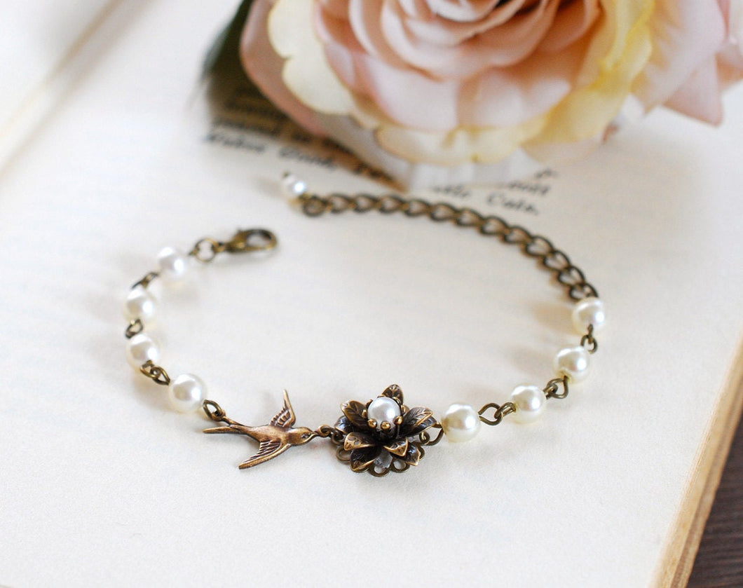 Bridal Bracelet, Wedding Bracelet, Swarovski Cream Pearls, Antique Brass Flower, Brass Swallow Bird Bracelet, Vintage Style Wedding Jewelry