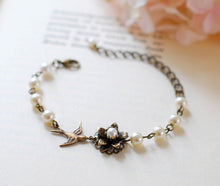 Load image into Gallery viewer, Bridal Bracelet, Wedding Bracelet, Swarovski Cream Pearls, Antique Brass Flower, Brass Swallow Bird Bracelet, Vintage Style Wedding Jewelry
