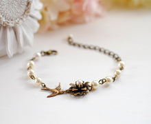 Load image into Gallery viewer, Bridal Bracelet, Wedding Bracelet, Swarovski Cream Pearls, Antique Brass Flower, Brass Swallow Bird Bracelet, Vintage Style Wedding Jewelry
