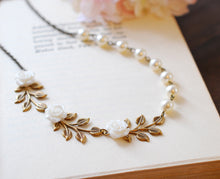 Load image into Gallery viewer, Bridal Necklace, Wedding Necklace, Antique Brass Leaf Branch White Flower Cream Ivory Pearls Necklace, Nature and Vintage Inspired wedding
