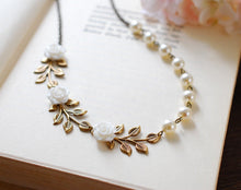 Load image into Gallery viewer, Bridal Necklace, Wedding Necklace, Antique Brass Leaf Branch White Flower Cream Ivory Pearls Necklace, Nature and Vintage Inspired wedding
