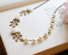 Load image into Gallery viewer, Bridal Necklace, Wedding Necklace, Antique Brass Leaf Branch White Flower Cream Ivory Pearls Necklace, Nature and Vintage Inspired wedding
