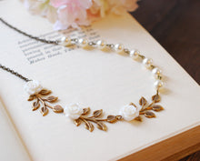 Load image into Gallery viewer, Bridal Necklace, Wedding Necklace, Antique Brass Leaf Branch White Flower Cream Ivory Pearls Necklace, Nature and Vintage Inspired wedding
