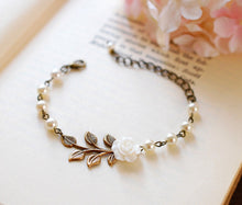 Load image into Gallery viewer, Bridal Bracelet, Wedding Bracelet, Flower Girl Bracelet. White Flower Cream Ivory Pearls Antiqued Brass Leaf Bracelet, Bridesmaid Bracelets
