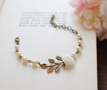 Load image into Gallery viewer, Bridal Bracelet, Wedding Bracelet, Flower Girl Bracelet. White Flower Cream Ivory Pearls Antiqued Brass Leaf Bracelet, Bridesmaid Bracelets
