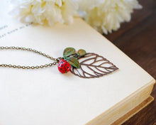 Load image into Gallery viewer, Ladybug Necklace, Ladybug Jewelry, Large Copper Filigree Leaf Necklace, Green Verdigris Leaf Branch Necklace, Gift for Her, Summer Jewelry
