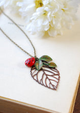 Load image into Gallery viewer, Ladybug Necklace, Ladybug Jewelry, Large Copper Filigree Leaf Necklace, Green Verdigris Leaf Branch Necklace, Gift for Her, Summer Jewelry
