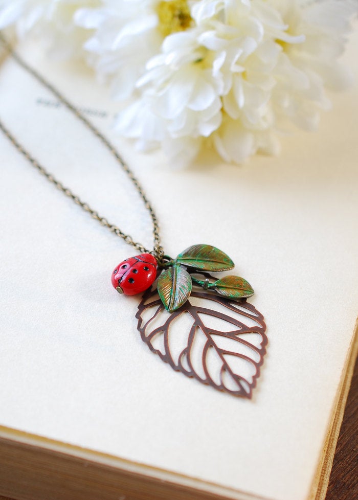 Ladybug Necklace, Ladybug Jewelry, Large Copper Filigree Leaf Necklace, Green Verdigris Leaf Branch Necklace, Gift for Her, Summer Jewelry