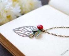 Load image into Gallery viewer, Ladybug Necklace, Ladybug Jewelry, Large Copper Filigree Leaf Necklace, Green Verdigris Leaf Branch Necklace, Gift for Her, Summer Jewelry
