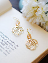 Load image into Gallery viewer, Light Peach Champagne Dangle Earrings, Drop Earrings, Gold Feather Earrings, Wedding Earrings, Bridesmaid Gift, Wedding Jewelry
