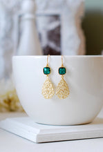 Load image into Gallery viewer, Emerald Green Earrings, Gold Filigree Dangle Earrings, Gold Paisley Earrings, Wedding Jewelry, Bridesmaid Gift, May Birthstone, Gift for her
