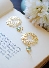 Load image into Gallery viewer, Aquamarine Blue Crystal Gold Circle Filigree Earrings
