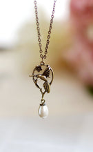 Load image into Gallery viewer, Hummingbird Necklace. Teardrop Cream Pearl Antique Brass Hummingbird Pendant Necklace. Hummingbird Jewelry, Christmas gift, gift for mom
