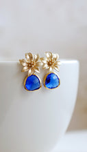 Load image into Gallery viewer, Sapphire Blue Glass Earrings Gold Flower Earrings Gold and Blue Earrings Cobalt Blue Drop Earrings Dangle Earrings Blue Wedding Jewelry
