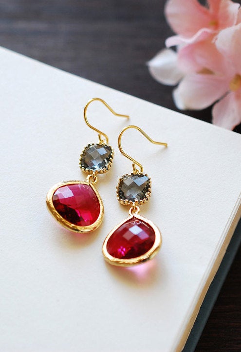 Gray and Ruby Dangle Earrings. Gold Framed fuchsia Pink Ruby Grey Glass Drop Earrings, Wedding Jewelry, July Birthstone, Gift for women