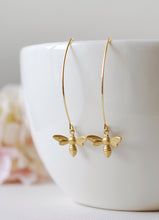 Load image into Gallery viewer, Gold Bee Earrings. Gold Plated Brass Bee Long Dangle Earrings. Bee Jewelry. Spring Summer Bee Accessory
