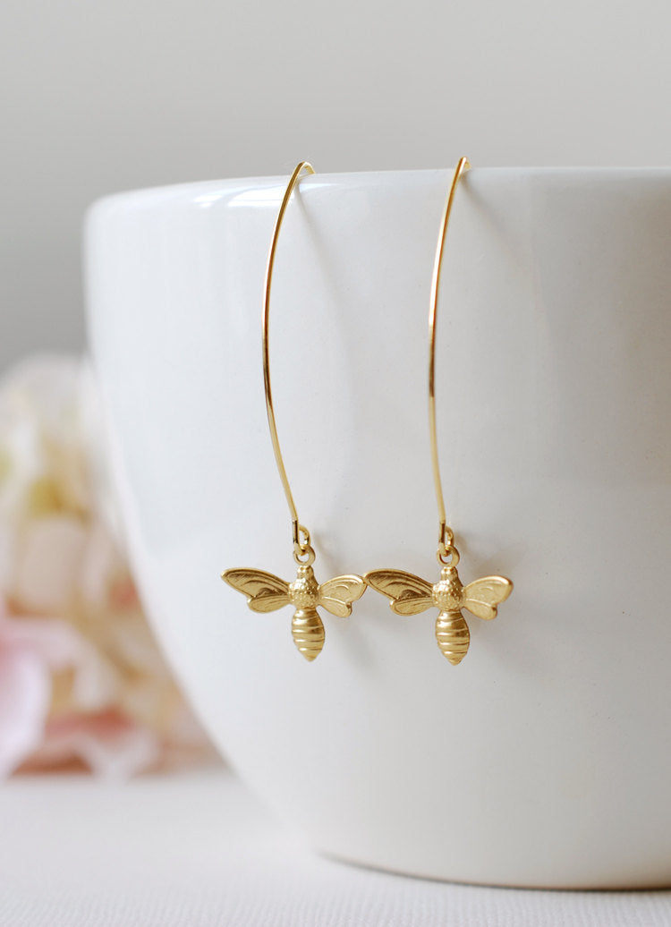 Gold Bee Earrings. Gold Plated Brass Bee Long Dangle Earrings. Bee Jewelry. Spring Summer Bee Accessory