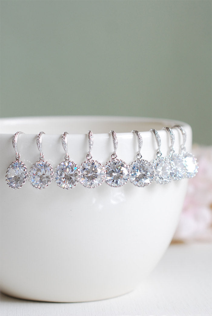 Set of 5, Five Pairs Bridal Earrings, Wedding Earrings, Silver Cubic Zirconia Earrings. Bridesmaid Earrings, Clear Crystal Drop Earrings