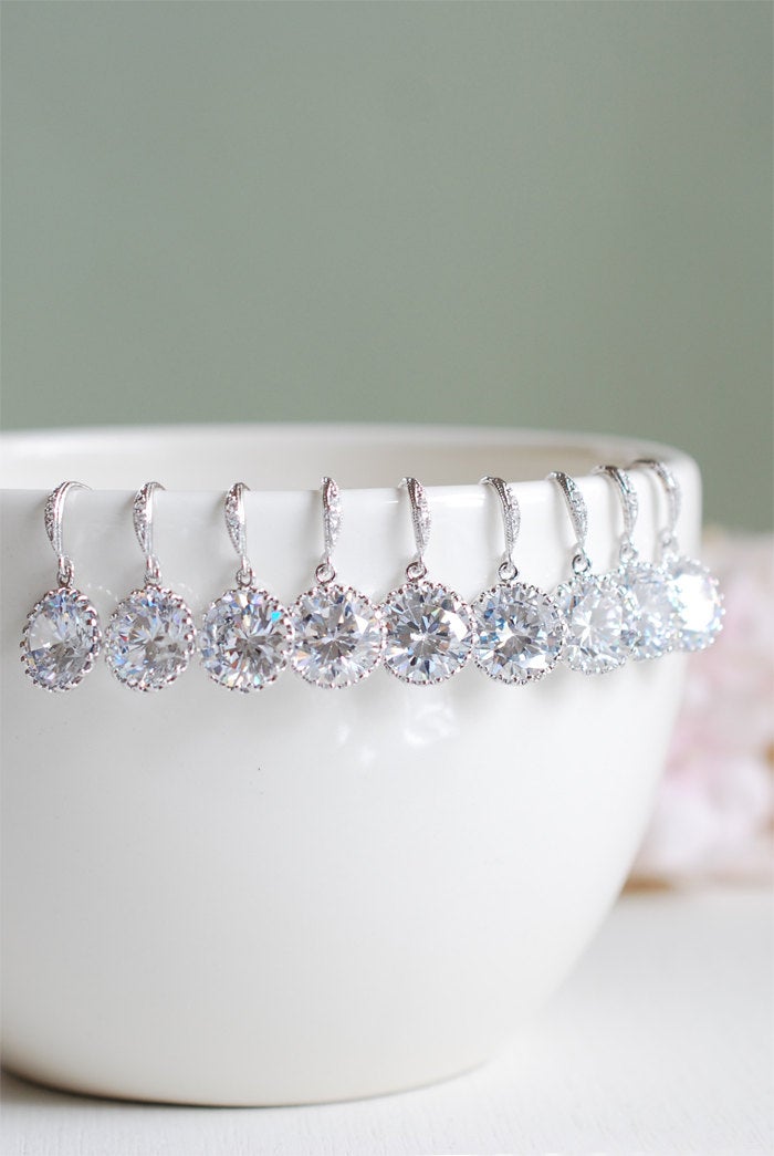 Set of 10, 10 Pairs Bridal Earrings, Wedding Earrings, Silver Cubic Zirconia Earrings. Bridesmaid Earrings, Clear Crystal Drop Earrings