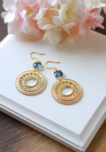 Load image into Gallery viewer, Montana Blue Glass Gold Round Filigree Earrings. Gold Dangle Earrings, Dark Blue Navy Blue Earrings, Boho Earrings, Bohemian Earrings
