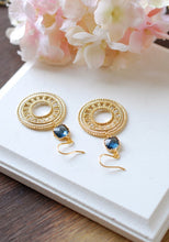 Load image into Gallery viewer, Montana Blue Glass Gold Round Filigree Earrings. Gold Dangle Earrings, Dark Blue Navy Blue Earrings, Boho Earrings, Bohemian Earrings
