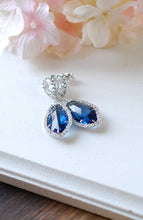 Load image into Gallery viewer, Rhodium Plated Montana Blue Post Earrings Clear Crystal Sapphire Blue Navy Blue Cubic Zirconia Wedding Earrings September Birthstone
