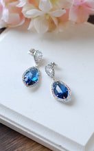 Load image into Gallery viewer, Rhodium Plated Montana Blue Post Earrings Clear Crystal Sapphire Blue Navy Blue Cubic Zirconia Wedding Earrings September Birthstone
