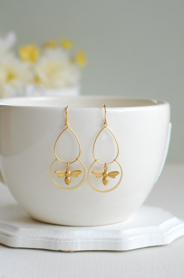 Gold Bee Earrings, Bee Dangle Earrings, Chandelier Earrings, Bee Jewelry, Unique Gift for Bee Lovers