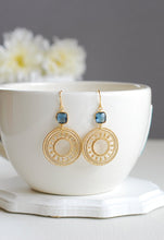 Load image into Gallery viewer, Montana Blue Glass Gold Round Filigree Earrings. Gold Dangle Earrings, Dark Blue Navy Blue Earrings, Boho Earrings, Bohemian Earrings
