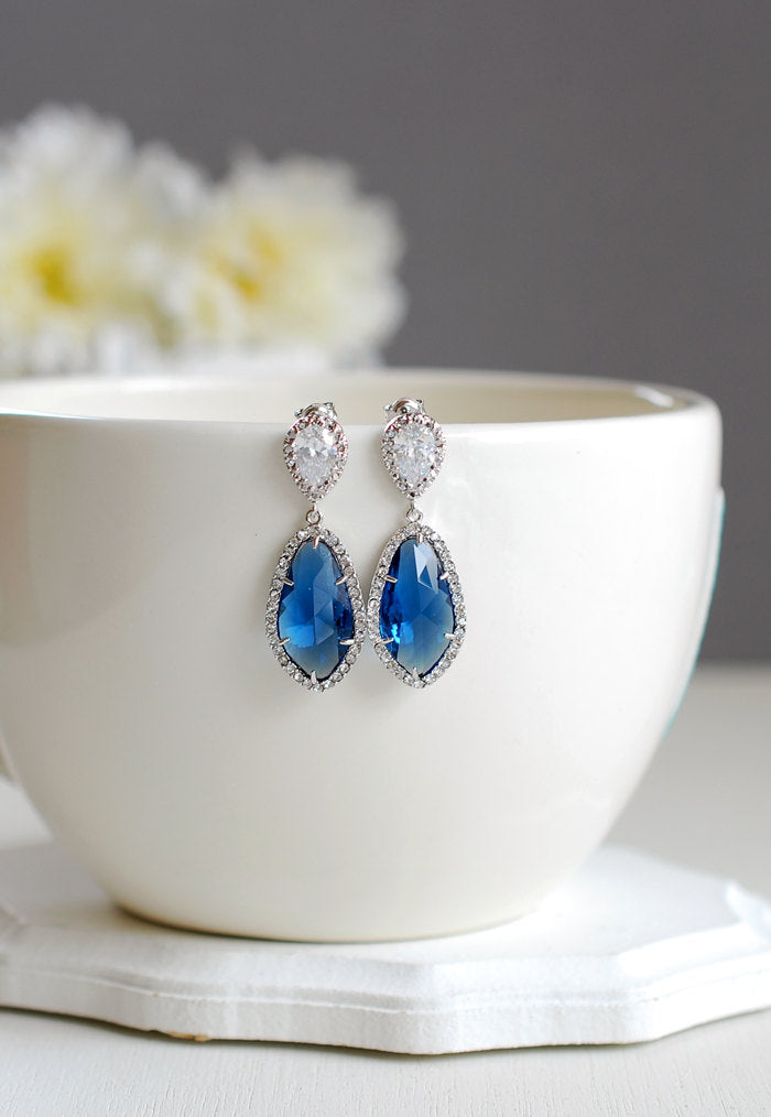 Rhodium Plated Montana Blue Post Earrings Clear Crystal Sapphire Blue Navy Blue Cubic Zirconia Wedding Earrings September Birthstone