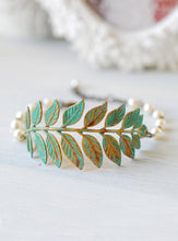 Load image into Gallery viewer, Verdigris Leaf  Branch Beaded Pearl Bracelet. Woodland Jewelry Wedding Bridal Bracelet Blue Leaf Cuff  Bracelet
