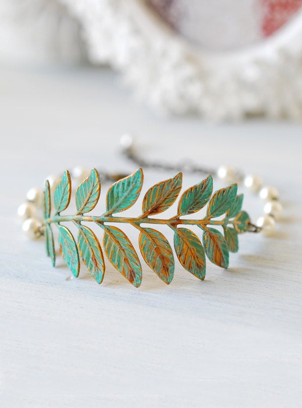 Verdigris Leaf  Branch Beaded Pearl Bracelet. Woodland Jewelry Wedding Bridal Bracelet Blue Leaf Cuff  Bracelet