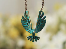 Load image into Gallery viewer, Soaring Bird Necklace, Hawk Eagle Necklace, Teal Blue Verdigris Bird Necklace, Bird Jewelry, Gift for Her, Gift for Women, Gift for daughter
