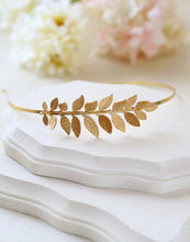 Load image into Gallery viewer, Gold Leaf Headband, Grecian Hairband, Large Leaf Headband, Wedding Headband, Grecian Headpiece, Bridal Hair,  Woodland Wedding
