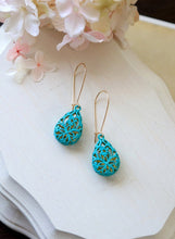 Load image into Gallery viewer, Turquoise Blue Verdigris Patina Puffy Filigree Earrings, Hollow Teardrop Filigree Dangle Earrings, Drop Earrings, Long Kidney Ear wires
