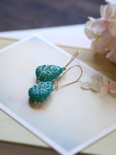 Load image into Gallery viewer, Turquoise Blue Verdigris Patina Puffy Filigree Earrings, Hollow Teardrop Filigree Dangle Earrings, Drop Earrings, Long Kidney Ear wires
