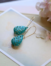 Load image into Gallery viewer, Turquoise Blue Verdigris Patina Puffy Filigree Earrings, Hollow Teardrop Filigree Dangle Earrings, Drop Earrings, Long Kidney Ear wires
