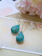 Load image into Gallery viewer, Turquoise Blue Verdigris Patina Puffy Filigree Earrings, Hollow Teardrop Filigree Dangle Earrings, Drop Earrings, Long Kidney Ear wires
