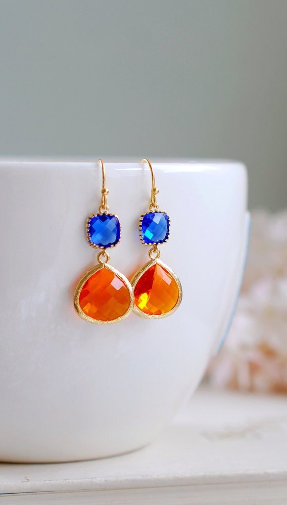 Sapphire Blue Tangerine Orange Drop Earrings, Cobalt Blue Orange Dangle Earrings, Modern Everyday Jewelry, Blue Orange Wedding Earrings