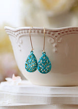 Load image into Gallery viewer, Turquoise Blue Verdigris Patina Puffy Filigree Earrings, Hollow Teardrop Filigree Dangle Earrings, Drop Earrings, Long Kidney Ear wires
