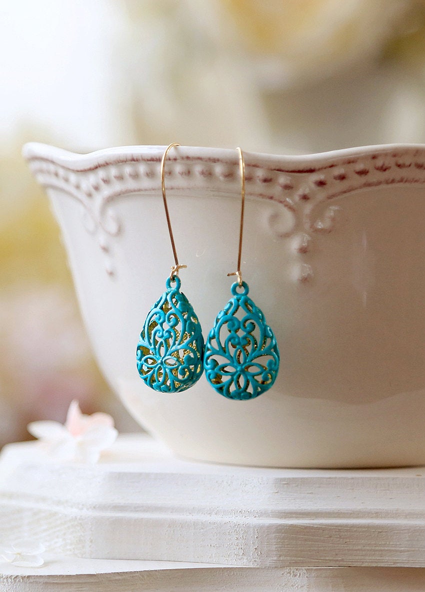 Turquoise Blue Verdigris Patina Puffy Filigree Earrings, Hollow Teardrop Filigree Dangle Earrings, Drop Earrings, Long Kidney Ear wires