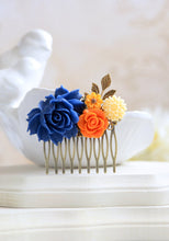 Load image into Gallery viewer, Cobalt Blue and Orange Wedding Bridal Hair Comb. Large Cobalt Blue Rose, Orange, Ivory Flowers Collage Hair Comb, Bridal Bridesmaid Comb
