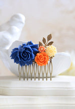 画像をギャラリービューアに読み込む, Orange and Cobalt Blue Wedding Hair Comb, Cobalt Blue Orange Ivory Wedding Bridal Hair Comb, Bridesmaid Hair Comb
