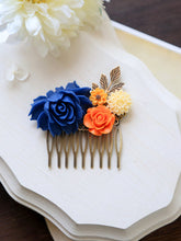 Load image into Gallery viewer, Cobalt Blue and Orange Wedding Bridal Hair Comb. Large Cobalt Blue Rose, Orange, Ivory Flowers Collage Hair Comb, Bridal Bridesmaid Comb
